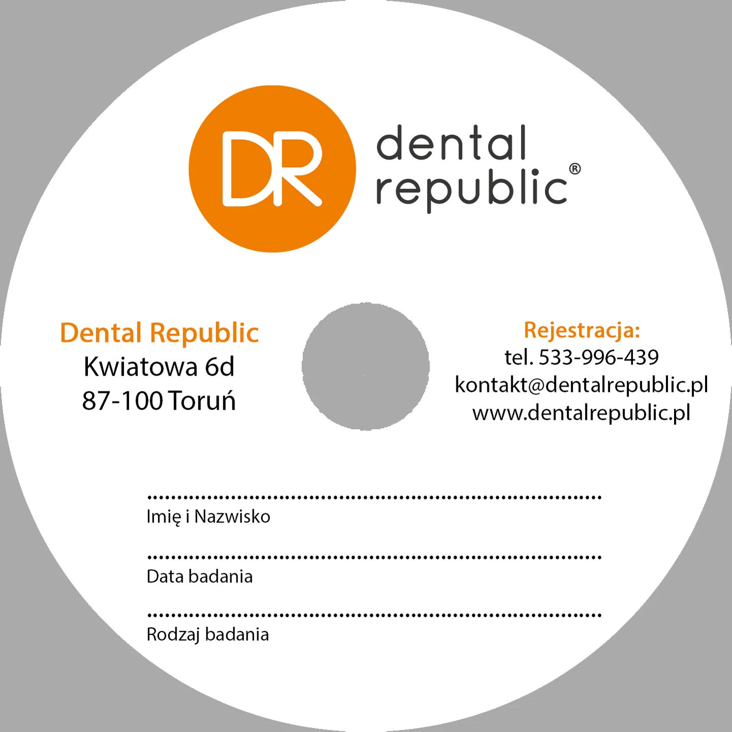 Przesłany projekt nadruku Dental Republic z pomarańczowym znakiem i pustymi polami badania