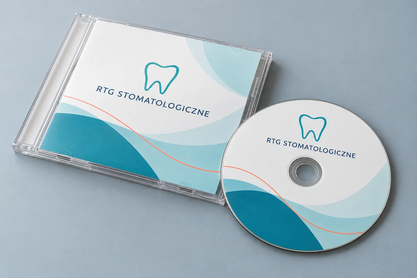 Koncepcja płyty i pudełka CD Slim z turkusową wkładką dla RTG stomatologicznego