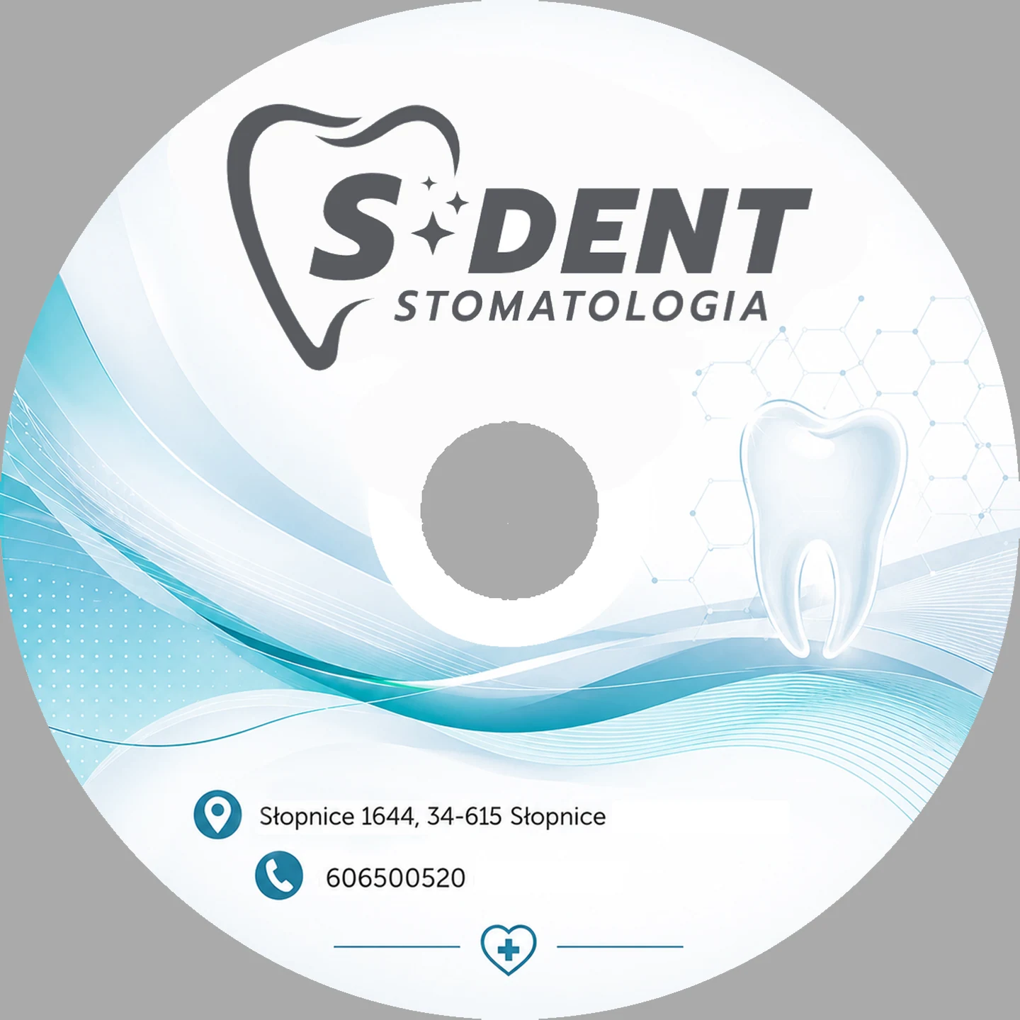 Przesłany projekt płyty S-Dent z turkusową grafiką stomatologiczną